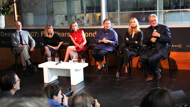 Neil McConnon (Barbican London), Meg Simmonds (EON Archive Director), Bronwyn Cosgrave (author and guest curator),  Lindy Hemming (007 costume designer and guest curator), Maryam d'Abo (Kara Milovy in The Living Daylights) and Jeroen Krabb (Georgi Koskov in The Living Daylights).