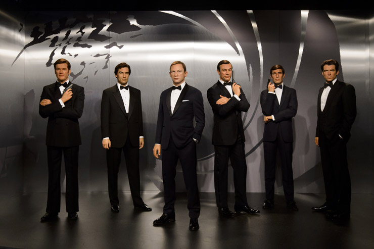 All six James Bond's in wax at Madame Tussauds London