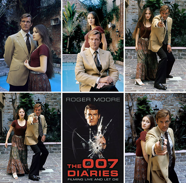 Jane Seymour and Roger Moore pose for more publicity photographs on location in New Orleans for Live And Let Die (1973)