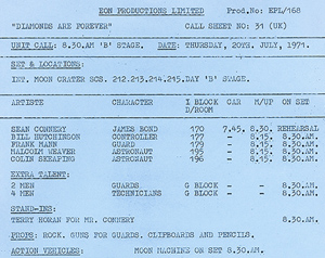 Call Sheet Diamonds Are Forever Pinewood Stusios ‘B’ Stage July 20, 1971
