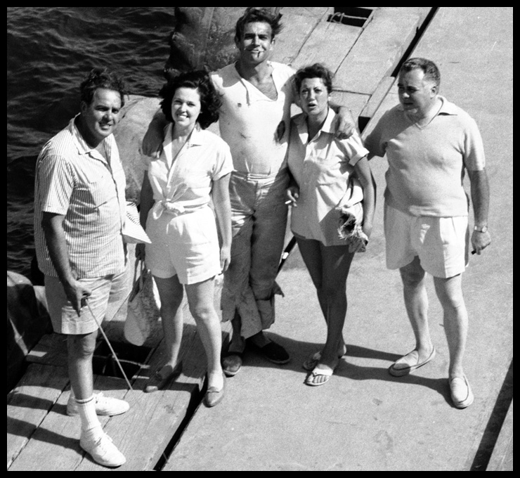 Albert R. 'Cubby' Broccoli, Dana Broccoli, Sean Connery, Jacqueline Saltzman and Harry Saltzman on the jetty of the bauxite mine used as Dr. No's headquarters