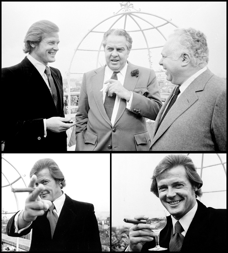 Roger Moore with producers Albert R. Broccoli and Harry Saltzman