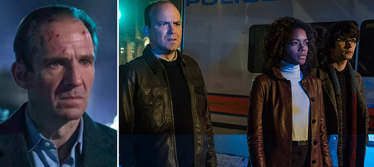 Ralph Fiennes as M, Rory Kinnear as Tanner, Naomie Harris as Moneypenny and Ben Whishaw as Q