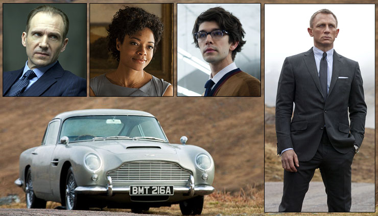 M (Ralph Fiennes), Moneypenny (Naomie Harris), Q (Ben Whishaw) and Deniel Craig (James Bond) in Skyfall (2012).