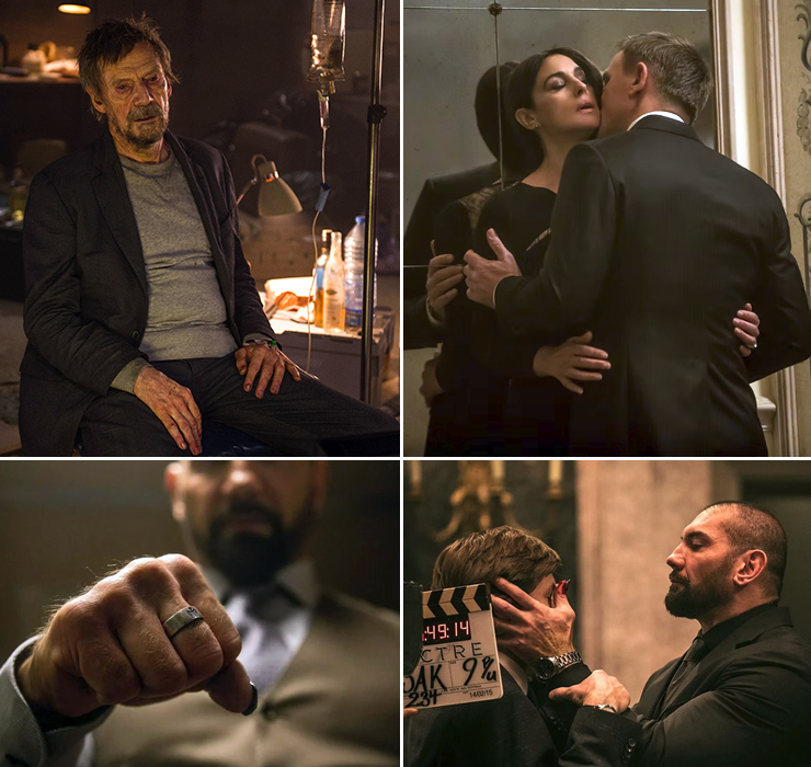 Jesper Christensen (Mr White), Monica Bellucci (Lucia Sciarra) and Daniel Craig (James Bond), and Dava Bautista (Hinx)