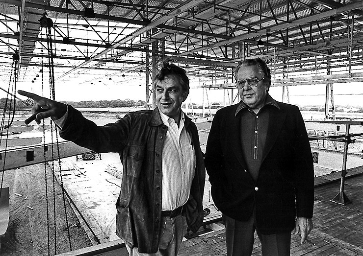 Ken Adam and Albert R.Broccoli on the 007 Stage as it is constructed at Pinewood Studios in1976