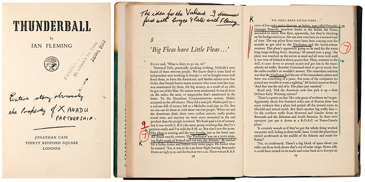 The advance copy of THUNDERBALL with Kevin McClory's hand-written annotations