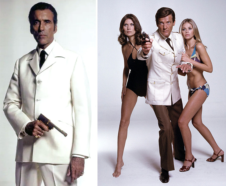 Christopher Lee as Scaramanga | Maud Adams as Andrea, Roger Moore as James Bond & Britt Ekland as Mary Goodnight