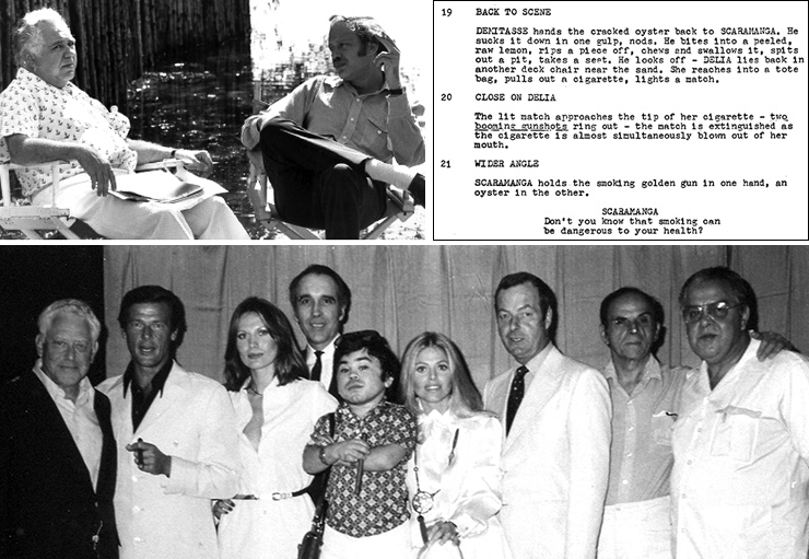 Harry Saltzman & Tom Mankiewicz | Richard Maibaum, Roger Moore, Maud Adams, Christopher Lee, Hervé Villechaize, Britt Ekland, Director Guy Hamilton, Marc Lawrence and Co-producer Albert R. Broccoli