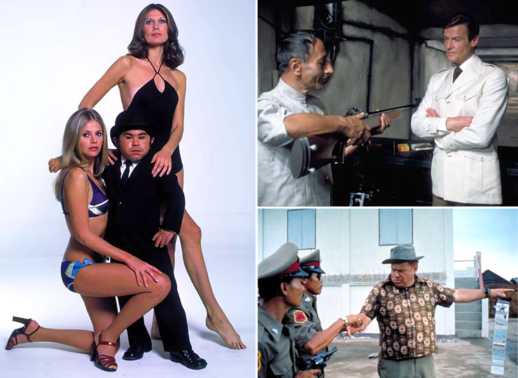 Britt Ekland, Herve Villechaize & Maud Adams publicity still The Man With The Golden Gun (1974) | Marne Maitland with Roger Moore | Clifton James as Sheriff J.W. Pepper