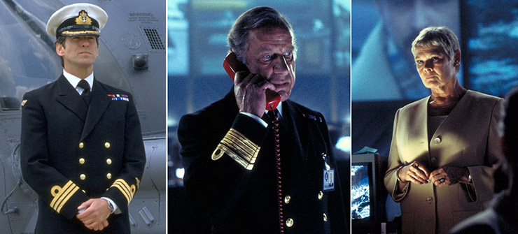 Pierce Brosnan as James Bond, Geoffrey Palmer as Admiral Roebuck and Judi Dench as M in Tomorrow Never Dies (1997)