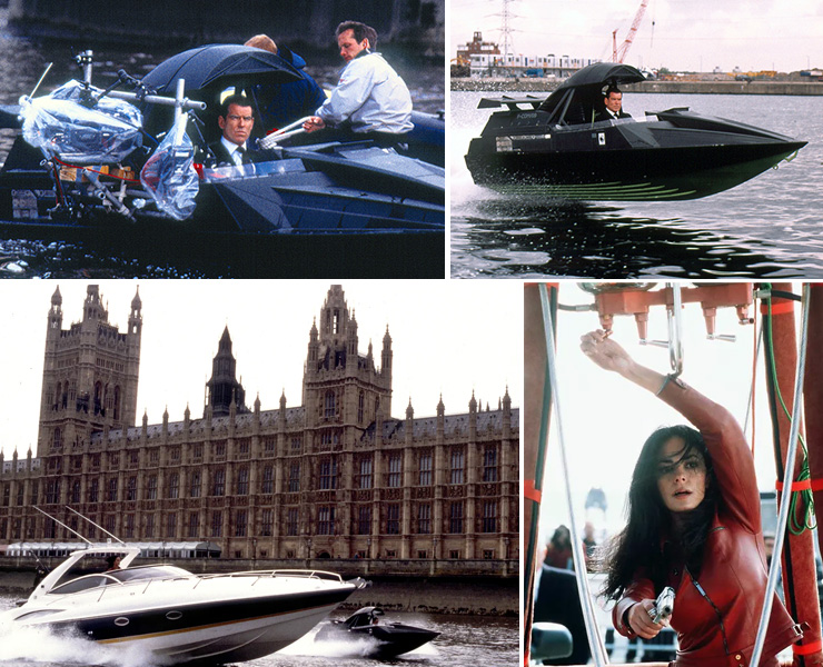 The World Is Not Enough (1999) pre-credit river Thames River chase Pierce Brosnan and Maria Grazia Cuccinotta