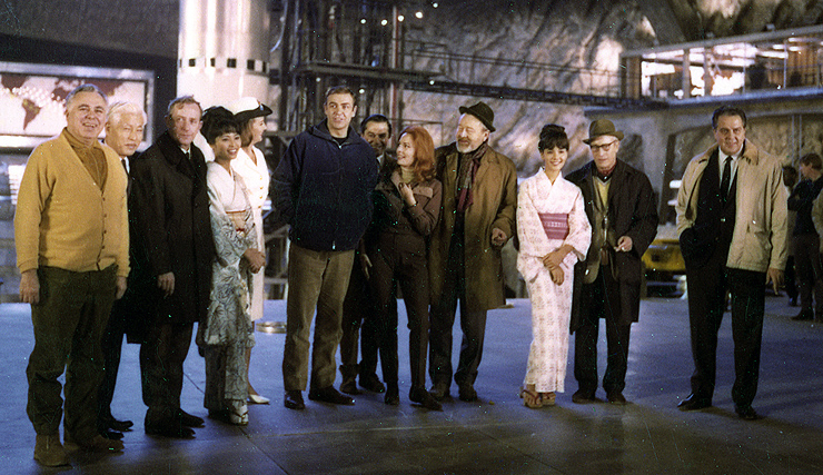 Cast and Crew of You Only Live Twice on Ken Adam's volcano crater set at Pinewood Studios 1966